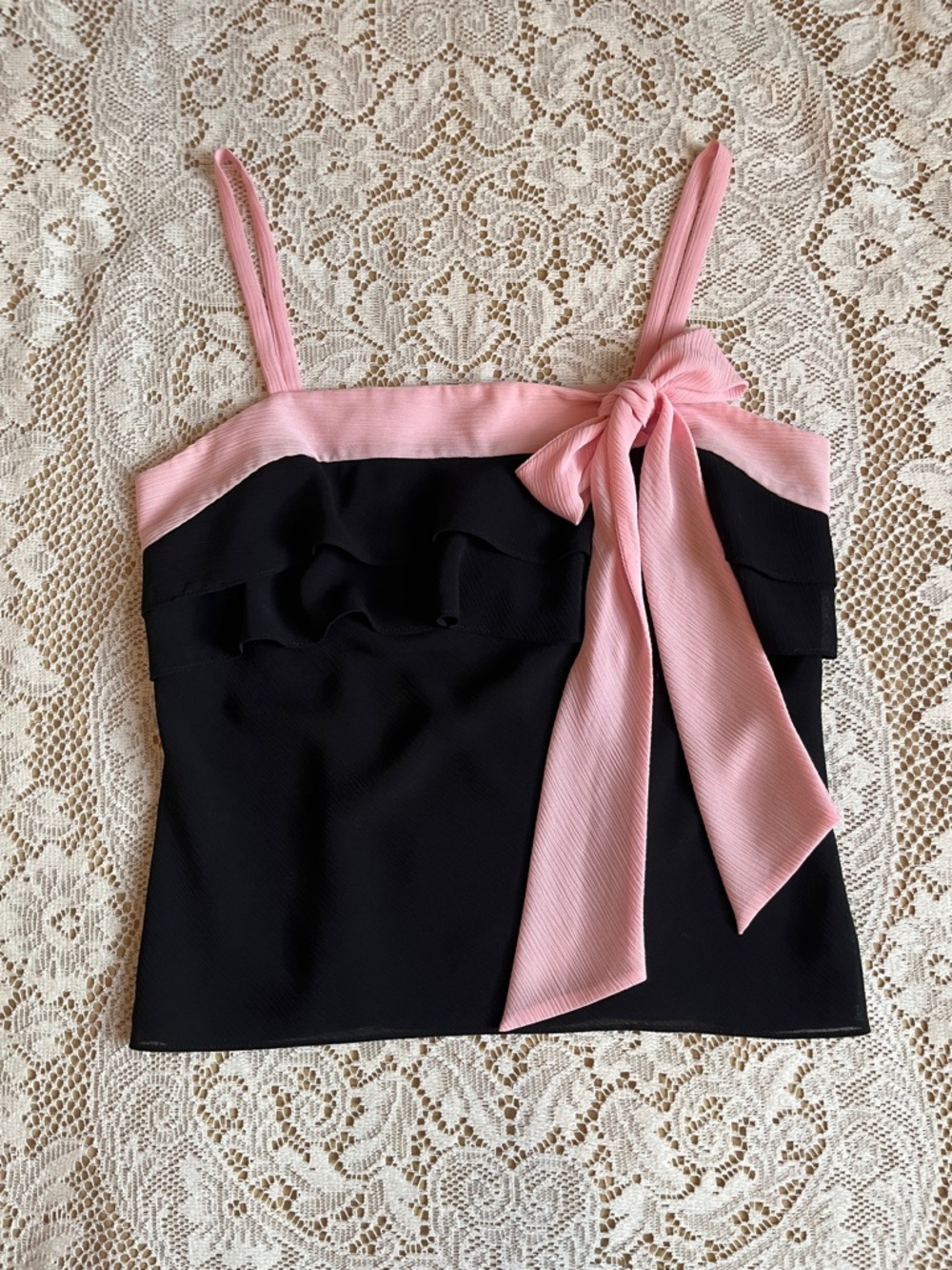 Ann Taylor LOFT Tie-Accent Ruffle Tank, Black & Pink, Size 4
